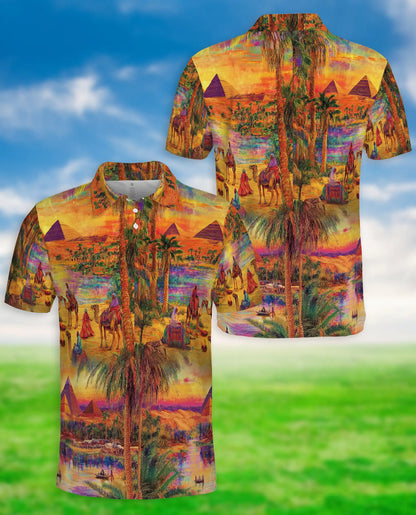 Egyptian Desert Pyramid 3D Polo Shirt for Men – Camel Oasis Travel Style | Netecom