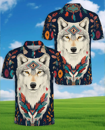 Boho Wolf Polo Shirt - Spirit Animal Nature Style | Netecom