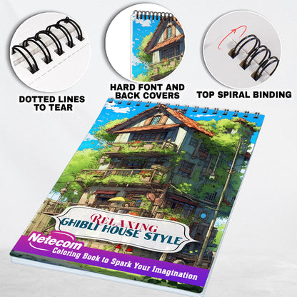 Relaxing Ghibli House Style Spiral Bound Coloring Book, Amazing Adults Coloring Book with Stress Relieving Designs of Ghibli House Style For Anxiety Relief and Relaxation