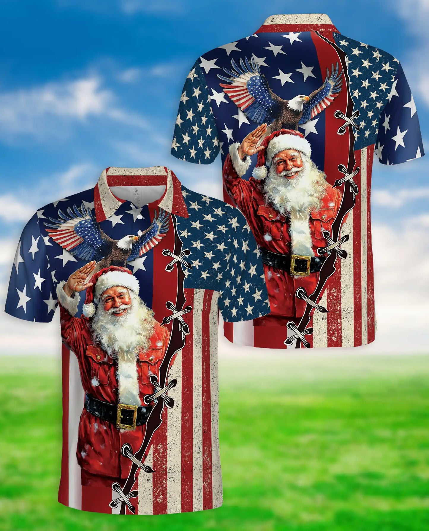 Patriotic Santa Hawaiian Polo Shirt | Netecom
