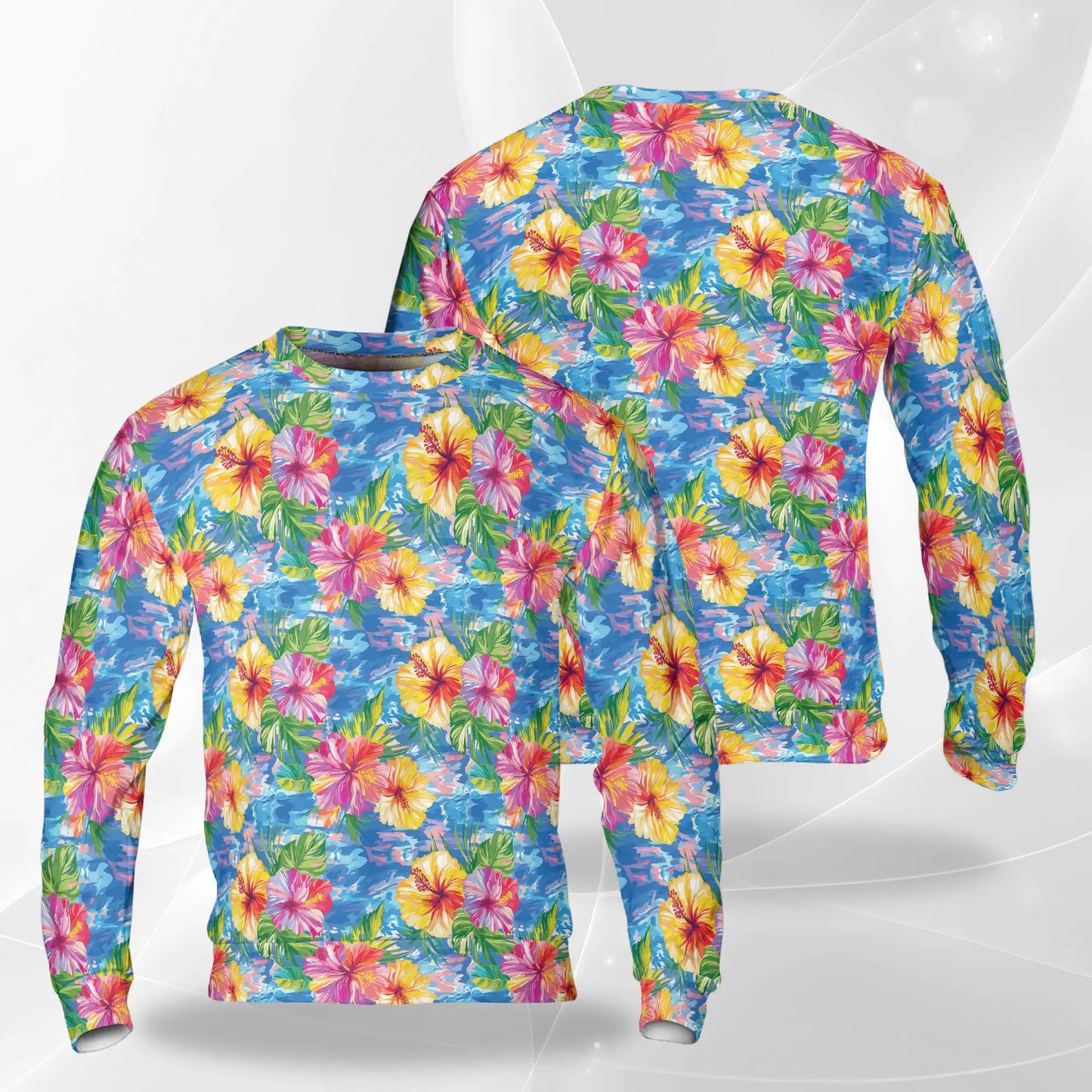 Blue Hibiscus Seas Sweatshirt, 3D All Over Print Tropical Floral Ocean Crewneck Pullover for Men Women, Beach Lover Gift - Netecom