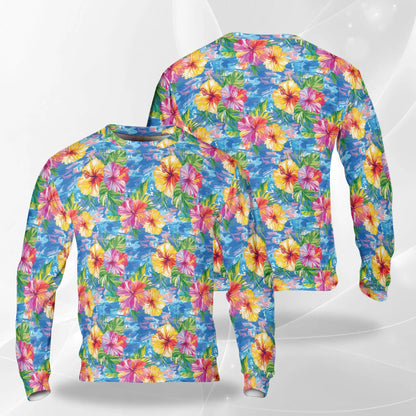 Blue Hibiscus Seas Sweatshirt, 3D All Over Print Tropical Floral Ocean Crewneck Pullover for Men Women, Beach Lover Gift - Netecom