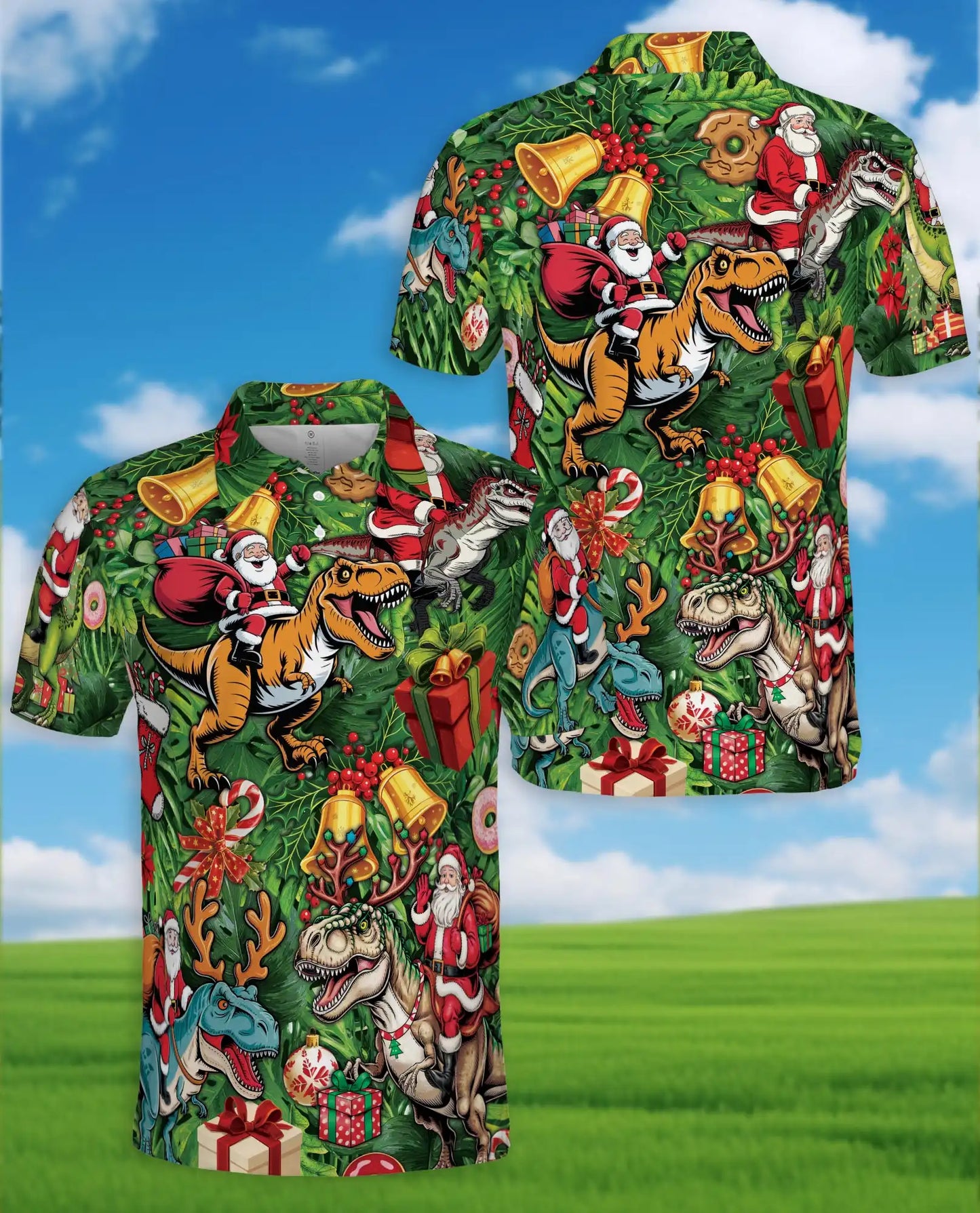 Christmas Dinosaur 3D Polo Shirt for Men – Funny Santa T Rex Holiday Style | Netecom