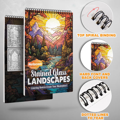 Stained Glass Landscapes Spiral Bound Coloring Book, Stunning Stained Glass Landscape Scenes, Ideal for Fans of Vibrant and Artistic Challenges