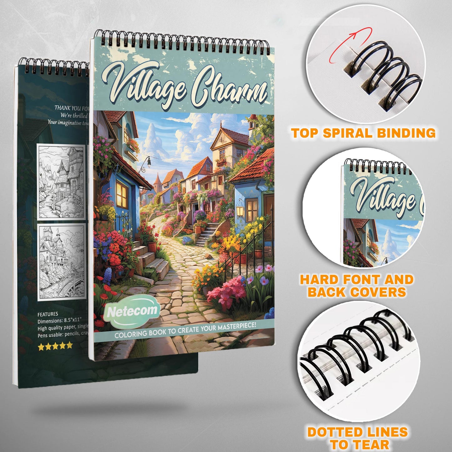 Village Charm Spiral Bound Coloring Book, Picturesque Village Scenes for a Relaxing Escape, Great for Those Seeking Quaint and Rustic Beauty