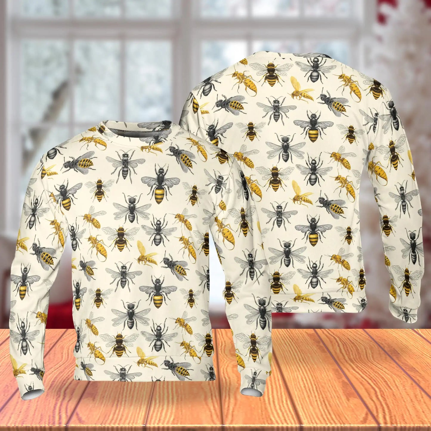 Vintage Honey Bee Sweatshirt, 3D All Over Print Rustic Botanical Crewneck Pullover for Men Women, Bee Lover Gift - Netecom