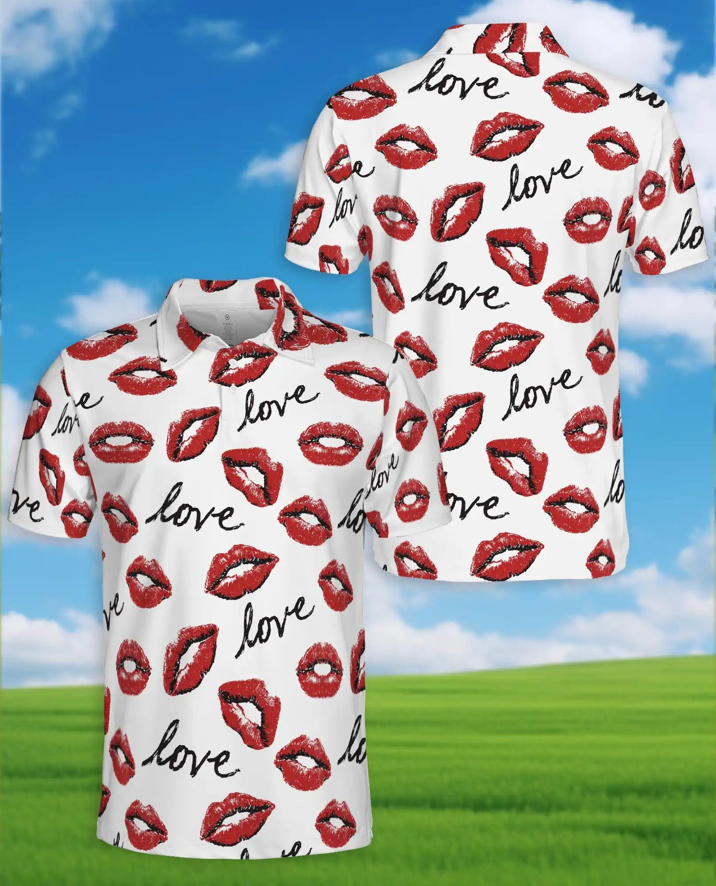 Love Kiss Lips Polo Shirt for Men - Romantic Red Lip Print | Netecom
