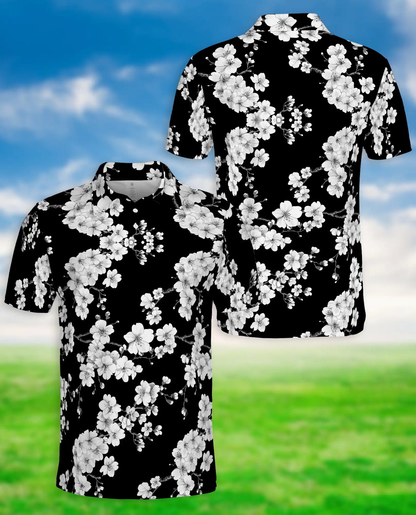 Black White Floral Hawaiian 3D Polo Shirt for Men | Netecom