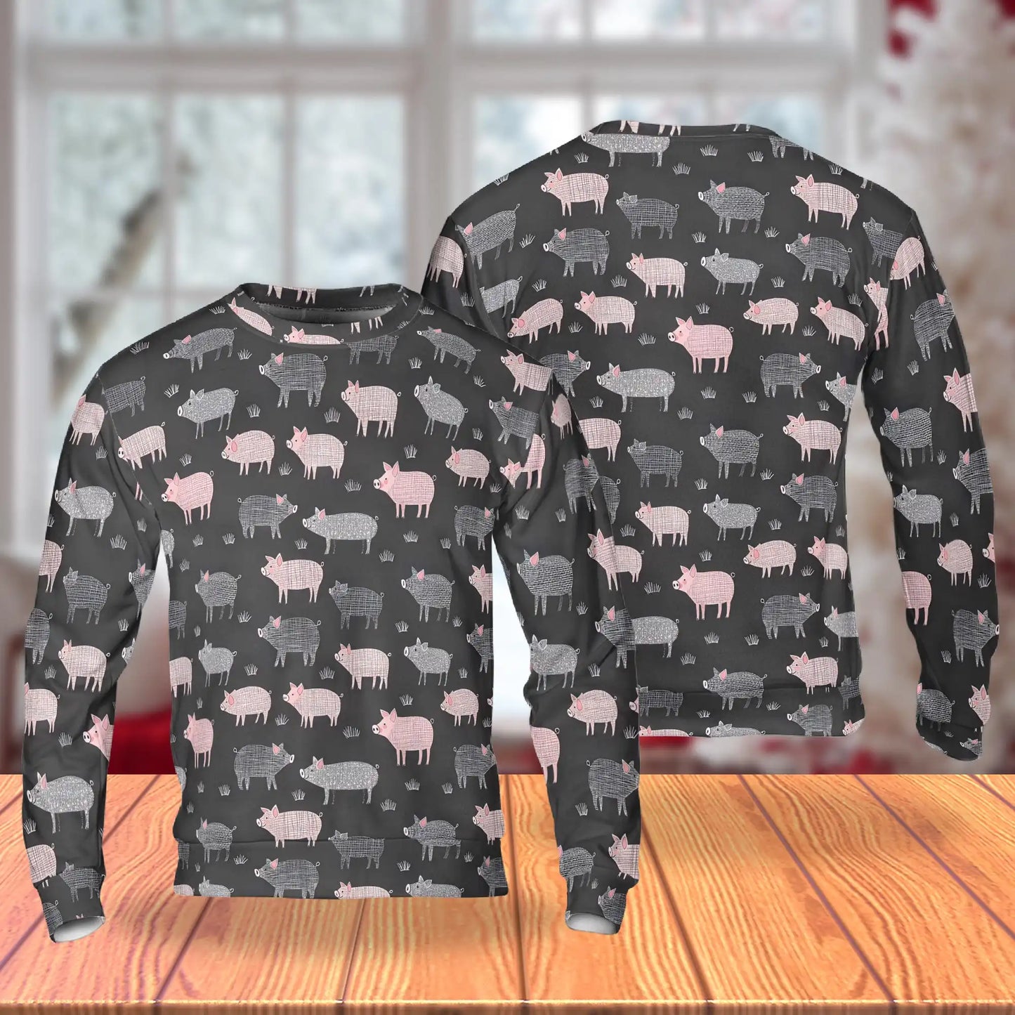 Pig Black Sweatshirt, 3D All Over Print Cute Farm Animal Crewneck Pullover for Men Women, Pig Lover Gift - Netecom