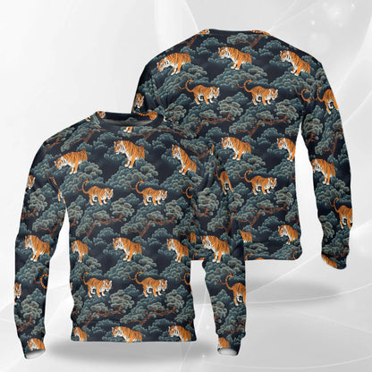 Japanese Tiger Sweatshirt, 3D All Over Print Traditional Tiger Pattern Crewneck Pullover for Men Women, Japanese Art Lover Gift - Netecom