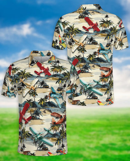 Vintage Airplane Retro 3D Polo Shirt for Men – Tropical Beach Island Style | Netecom