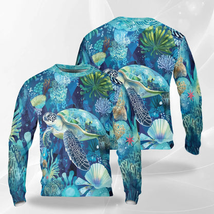 Turtle Coral Sweatshirt, 3D All Over Print Sea Turtle Ocean Reef Crewneck Pullover for Men Women, Turtle Lover Gift - Netecom