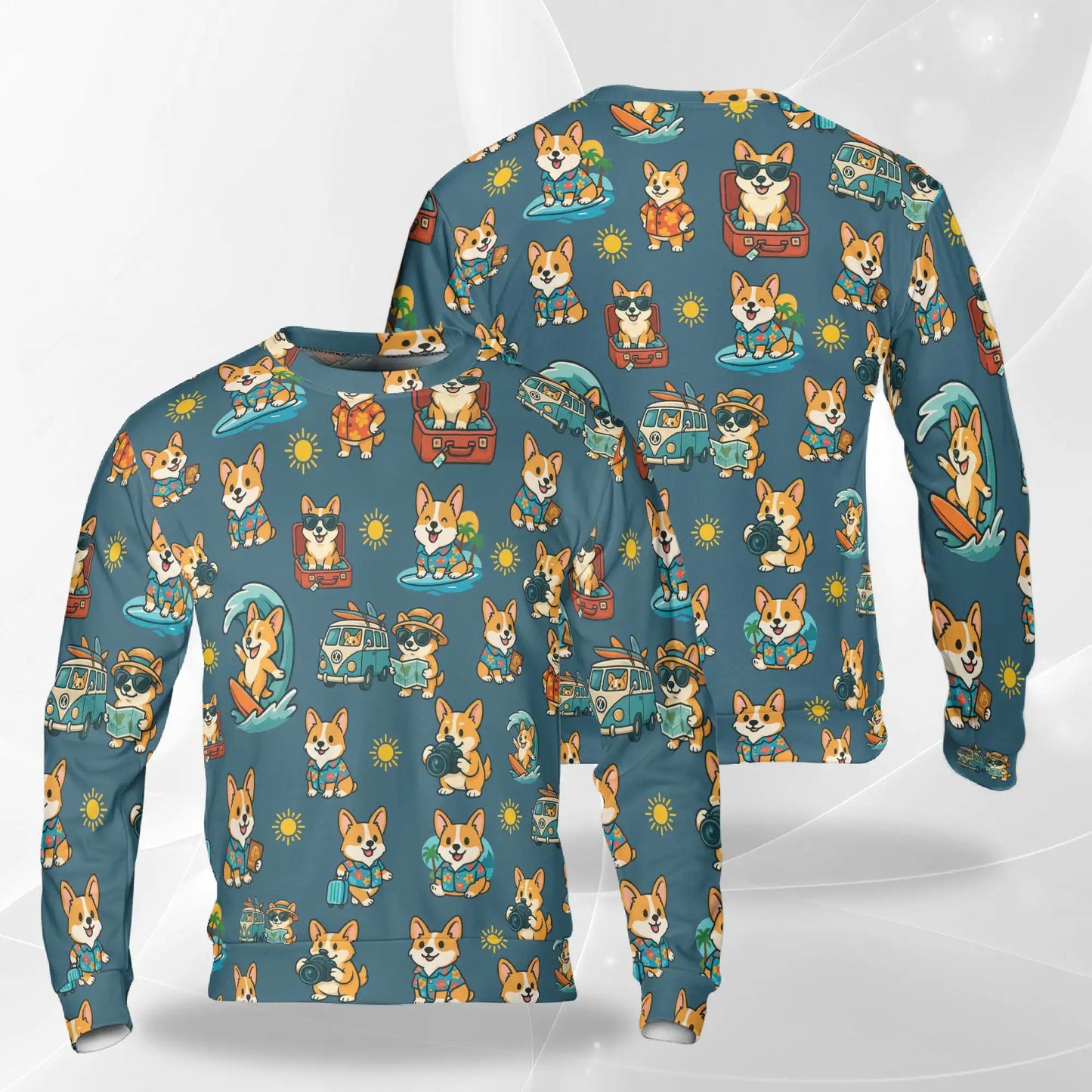 Summer Corgi Sweatshirt, 3D All Over Print Tropical Beach Dog Crewneck Pullover for Men Women, Corgi Lover Gift - Netecom