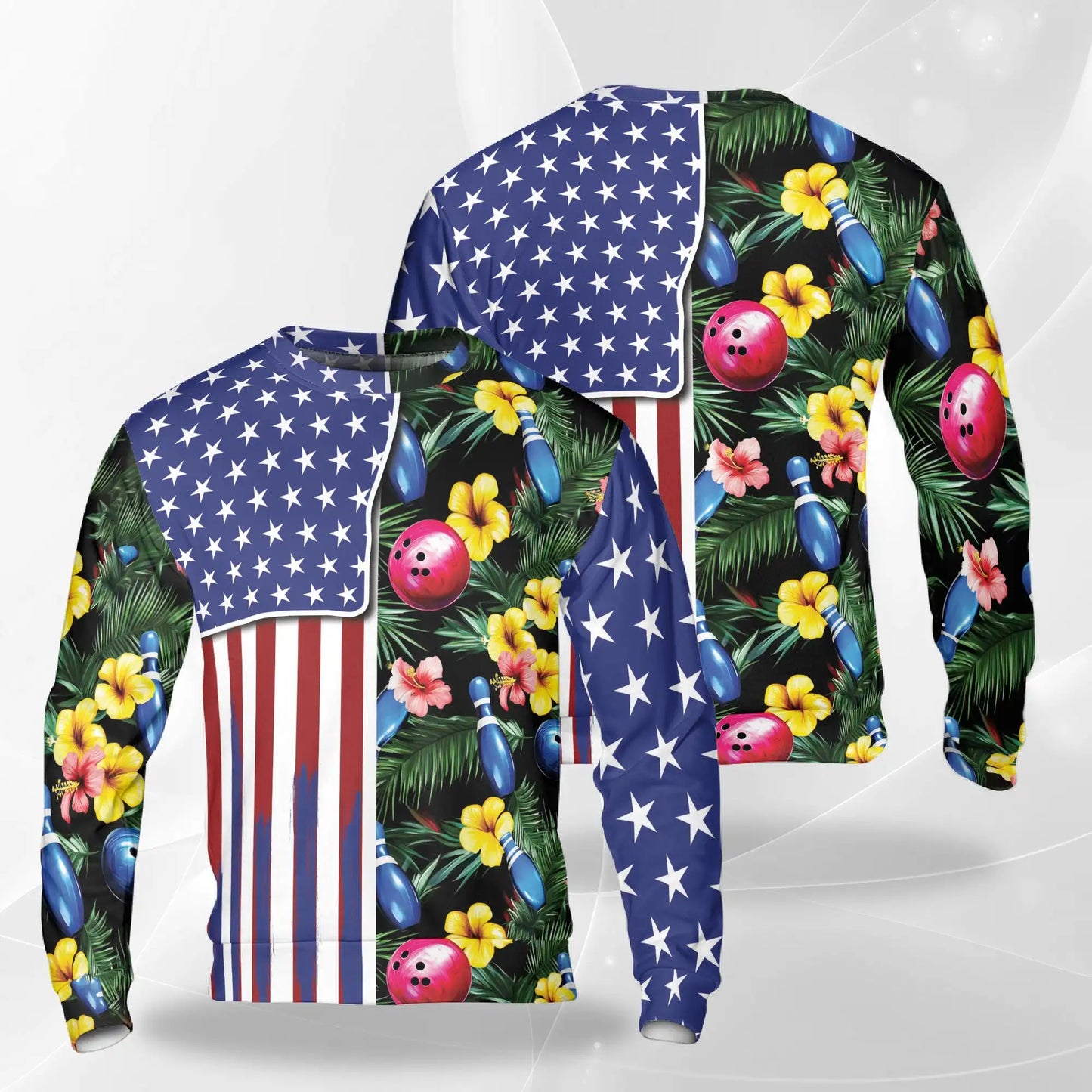 Bowling Tropical USA Sweatshirt, 3D All Over Print Patriotic Bowling Crewneck Pullover for Men Women, Bowler Gift - Netecom