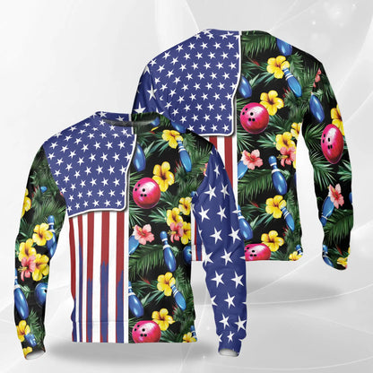 Bowling Tropical USA Sweatshirt, 3D All Over Print Patriotic Bowling Crewneck Pullover for Men Women, Bowler Gift - Netecom
