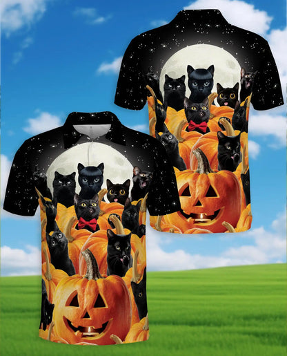 Black Cat Halloween Polo Shirt - Pumpkin Moon Night Style | Netecom