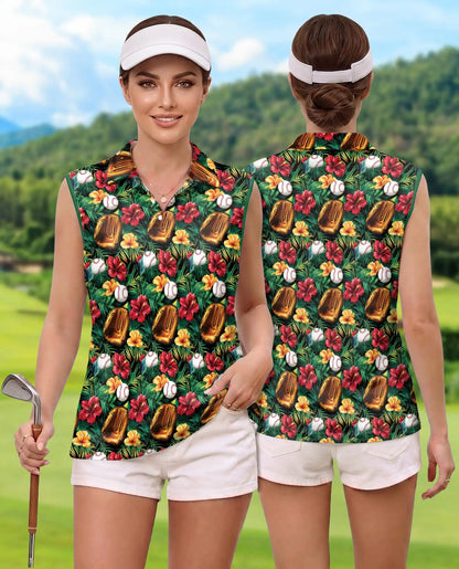 Baseball Glove And Hibiscus Sleeveless Polo Shirt for Women | Netecom