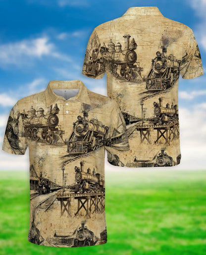 Vintage Steam Train Polo Shirt – Classic Railroad Blueprint Art | Netecom