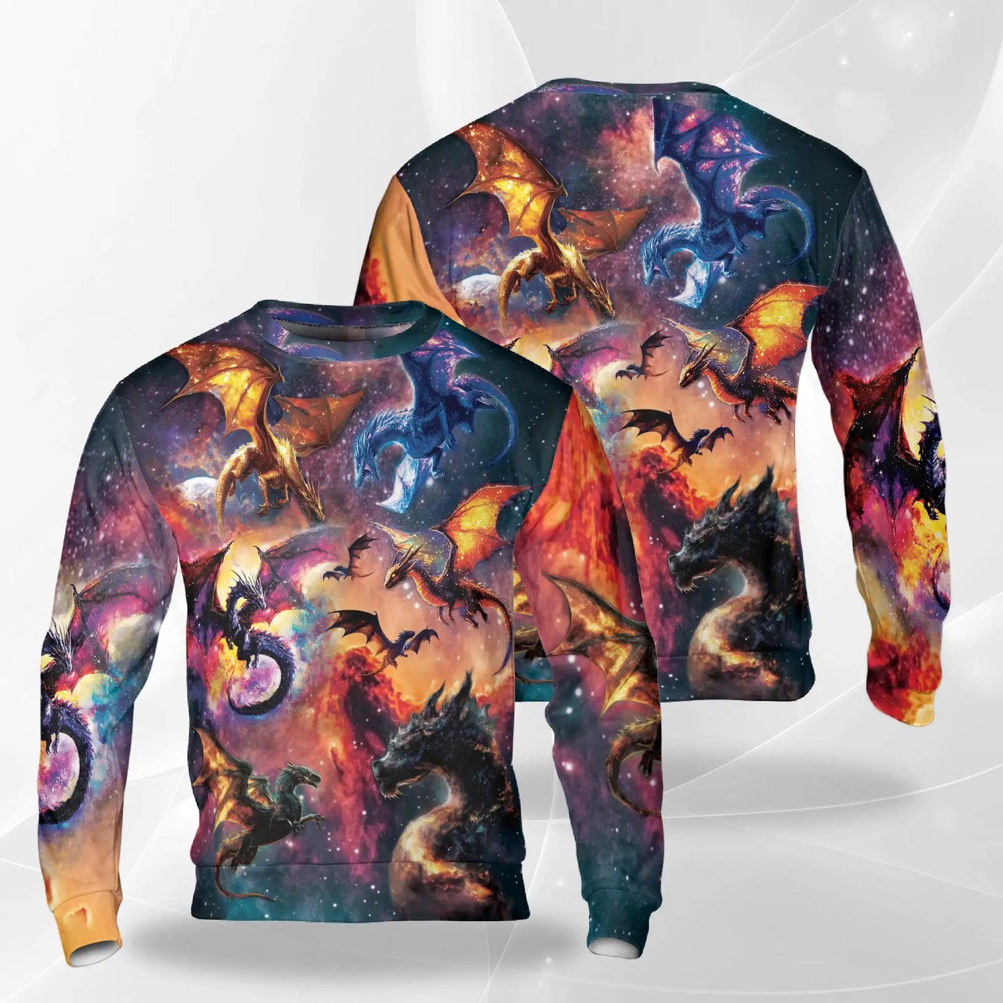 Colorful Mythical Dragons Nebula Sweatshirt, 3D All Over Print Fantasy Galaxy Dragon Crewneck Pullover for Men Women, Dragon Lover Gift - Netecom