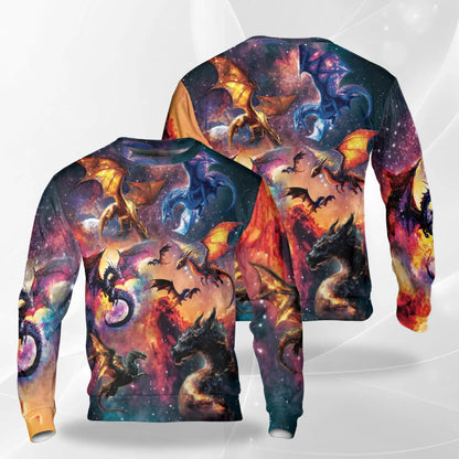 Colorful Mythical Dragons Nebula Sweatshirt, 3D All Over Print Fantasy Galaxy Dragon Crewneck Pullover for Men Women, Dragon Lover Gift - Netecom