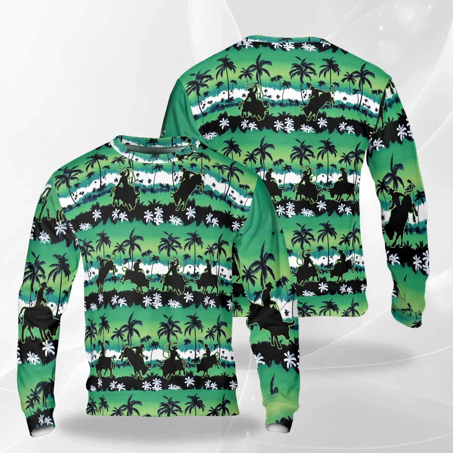 Bull Riding Sweatshirt, 3D All Over Print Green Palm Tree Rodeo Crewneck Pullover for Men Women, Bull Rider Gift - Netecom