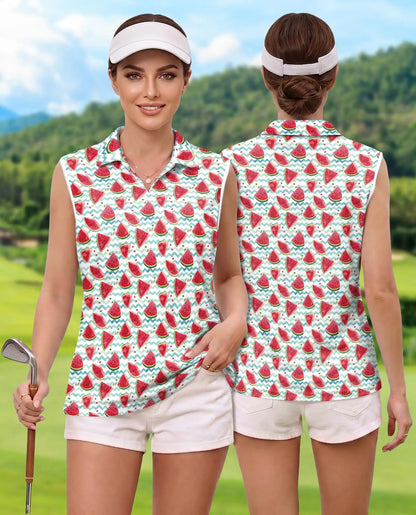Watermelon Chevron Pattern Sleeveless Polo Shirt for Women| Netecom