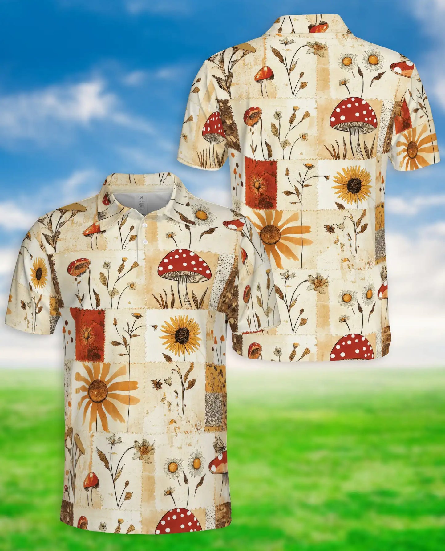 Vintage Mushroom Polo Shirt – Botanical Wildflower Print | Netecom