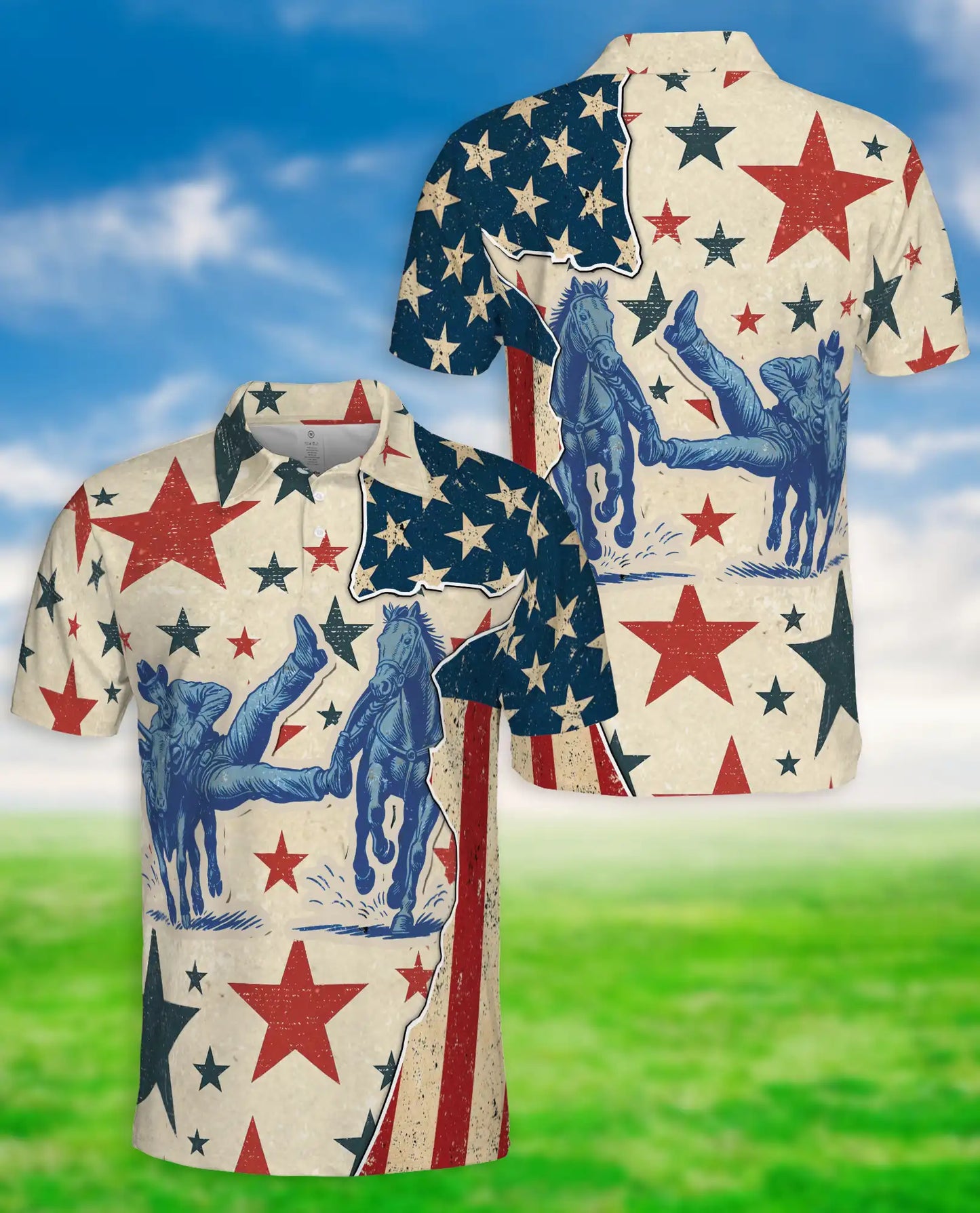 Vintage Cowboy Rodeo Polo Shirt Patriotic Western Stars Print | Netecom