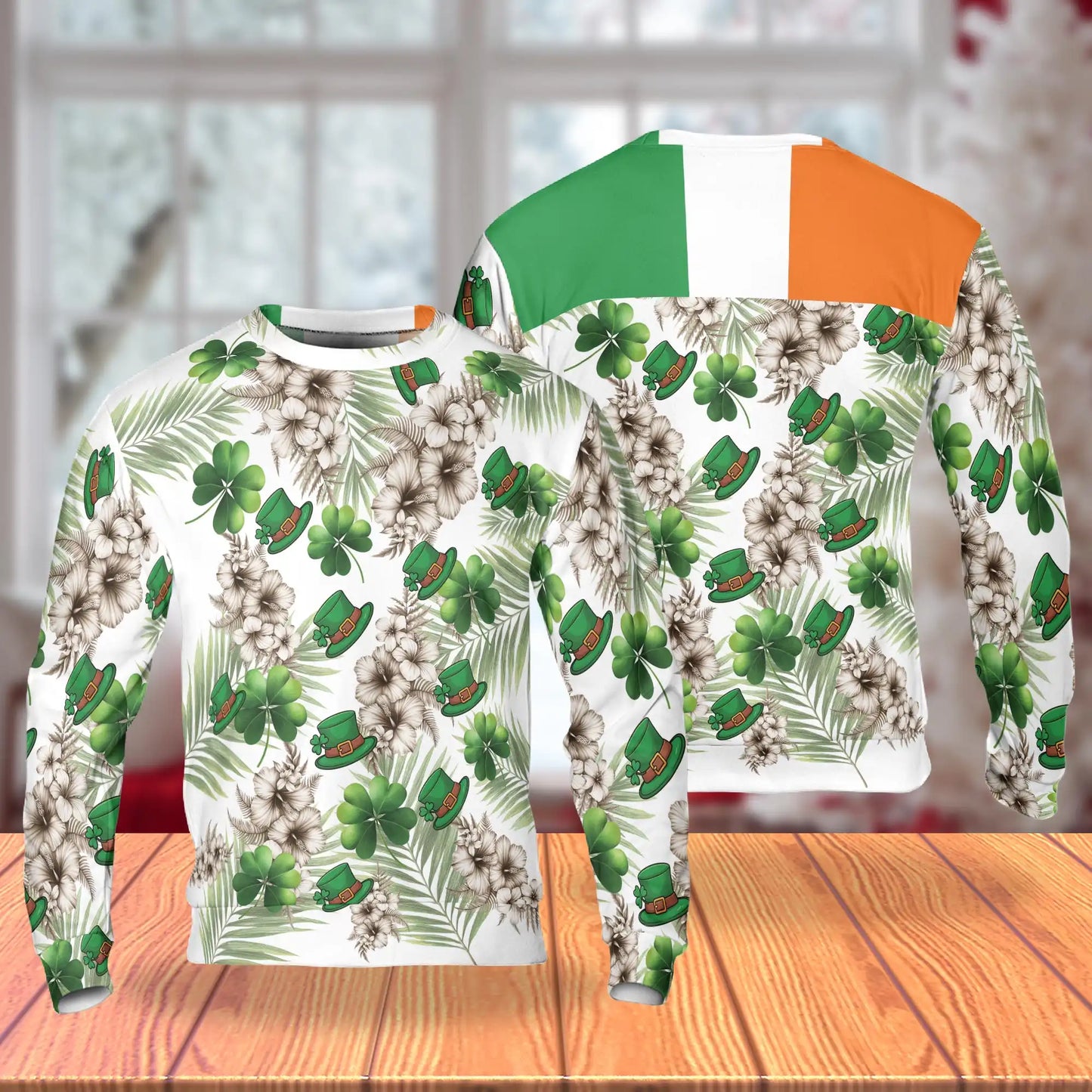 Irish Tropical Shamrock Hibiscus Pattern Sweatshirt, 3D All Over Print St Patrick's Day Floral Crewneck Pullover for Men Women, Irish Gift - Netecom