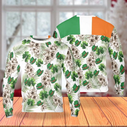 Irish Tropical Shamrock Hibiscus Pattern Sweatshirt, 3D All Over Print St Patrick's Day Floral Crewneck Pullover for Men Women, Irish Gift - Netecom