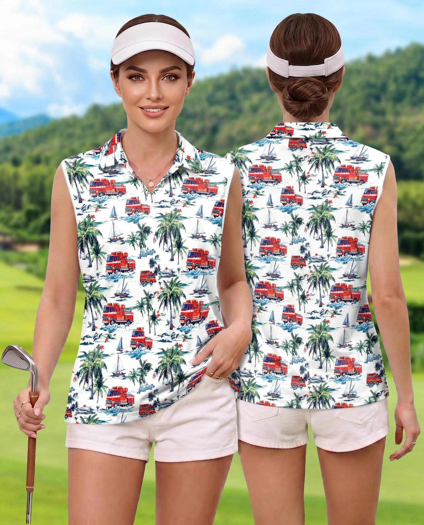 Fire Truck Friend of Firefighter Sleeveless Polo Shirt for Women | Netecom