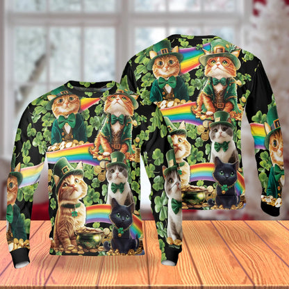 Saint Patrick's Day Cats Shamrocks Sweatshirt, 3D All Over Print Irish Cat Crewneck Pullover for Men Women, St Patrick’s Day Gift - Netecom