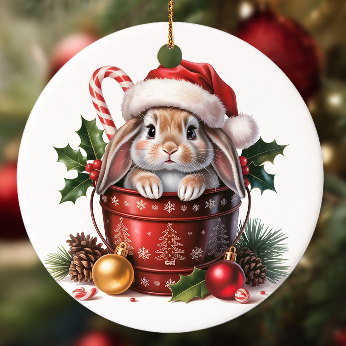 Netecom Adorable Rabbit in Bucket Ornament, Bunny with Santa Hat Ceramic Ornament for Christmas Tree Hanging Decorations Gift, Rabbit Lover Gifts, Home Decor, Holiday Party Present