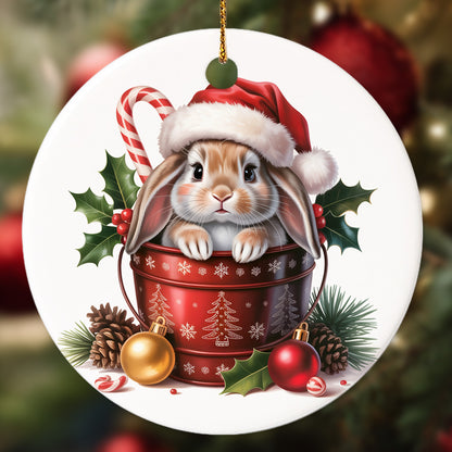 Netecom Adorable Rabbit in Bucket Ornament, Bunny with Santa Hat Ceramic Ornament for Christmas Tree Hanging Decorations Gift, Rabbit Lover Gifts, Home Decor, Holiday Party Present