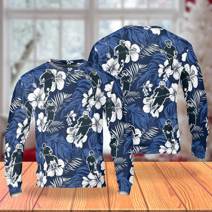 Blue Black Lacrosse Tropical Sweatshirt, 3D All Over Print Sports Palm Tree Crewneck Pullover for Men Women, Lacrosse Player Gift - Netecom