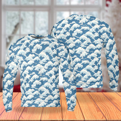 Wave Japan Style Sweatshirt, 3D All Over Print Japanese Ocean Art Crewneck Pullover for Men Women, Wave Art Lover Gift - Netecom