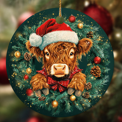 Netecom Funny Cow Christmas Ornament, Highland Cow Christmas Ceramic Ornament for Xmas Tree Hanging Decorations Gift, Farmhouse Decor, Gifts for Famer, Holiday Party Present