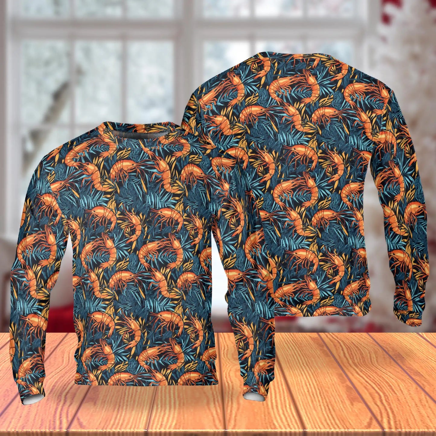 Tropical Shrimp Print Sweatshirt, 3D All Over Print Ocean Seafood Crewneck Pullover for Men Women, Shrimp Lover Gift - Netecom