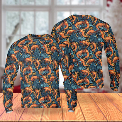 Tropical Shrimp Print Sweatshirt, 3D All Over Print Ocean Seafood Crewneck Pullover for Men Women, Shrimp Lover Gift - Netecom