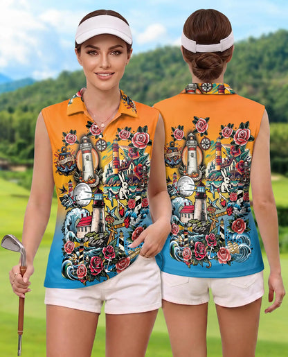 Nautical Lighthouse Sleeveless Polo Shirt for Women – Coastal Ocean Style | Netecom