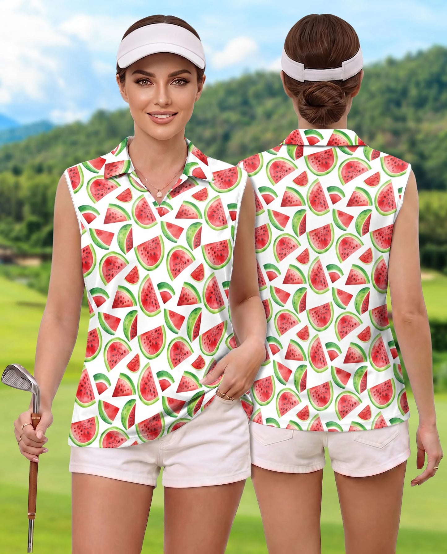 Watermelon Pattern Sleeveless Polo Shirt for Women | Netecom