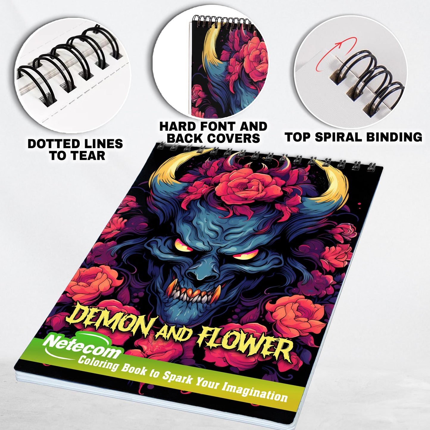 Demon And Flower Spiral Bound Coloring Book, Immerse Yourself in 30 Enchanting Illustrations of Demons and Flowers