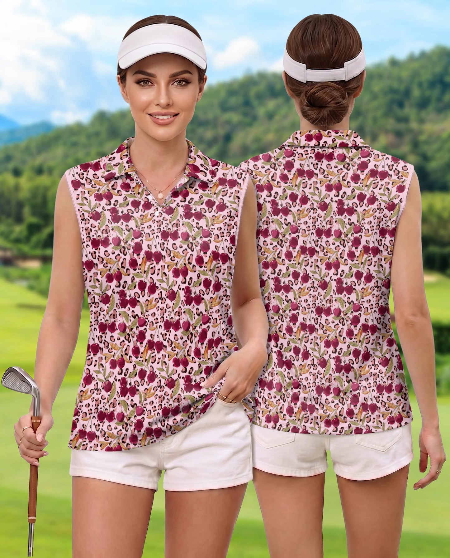 Pink Leopard Cherry Sleeveless Polo Shirt for Women – Cute Wild Fruit Style | Netecom