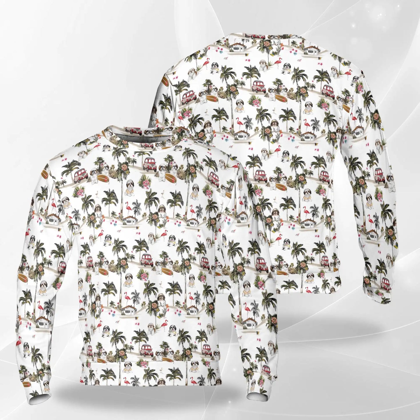 Shih Tzu Vintage Camper Flamingo Sweatshirt, 3D All Over Print Tropical Dog Adventure Crewneck Pullover for Men Women, Shih Tzu Lover Gift - Netecom