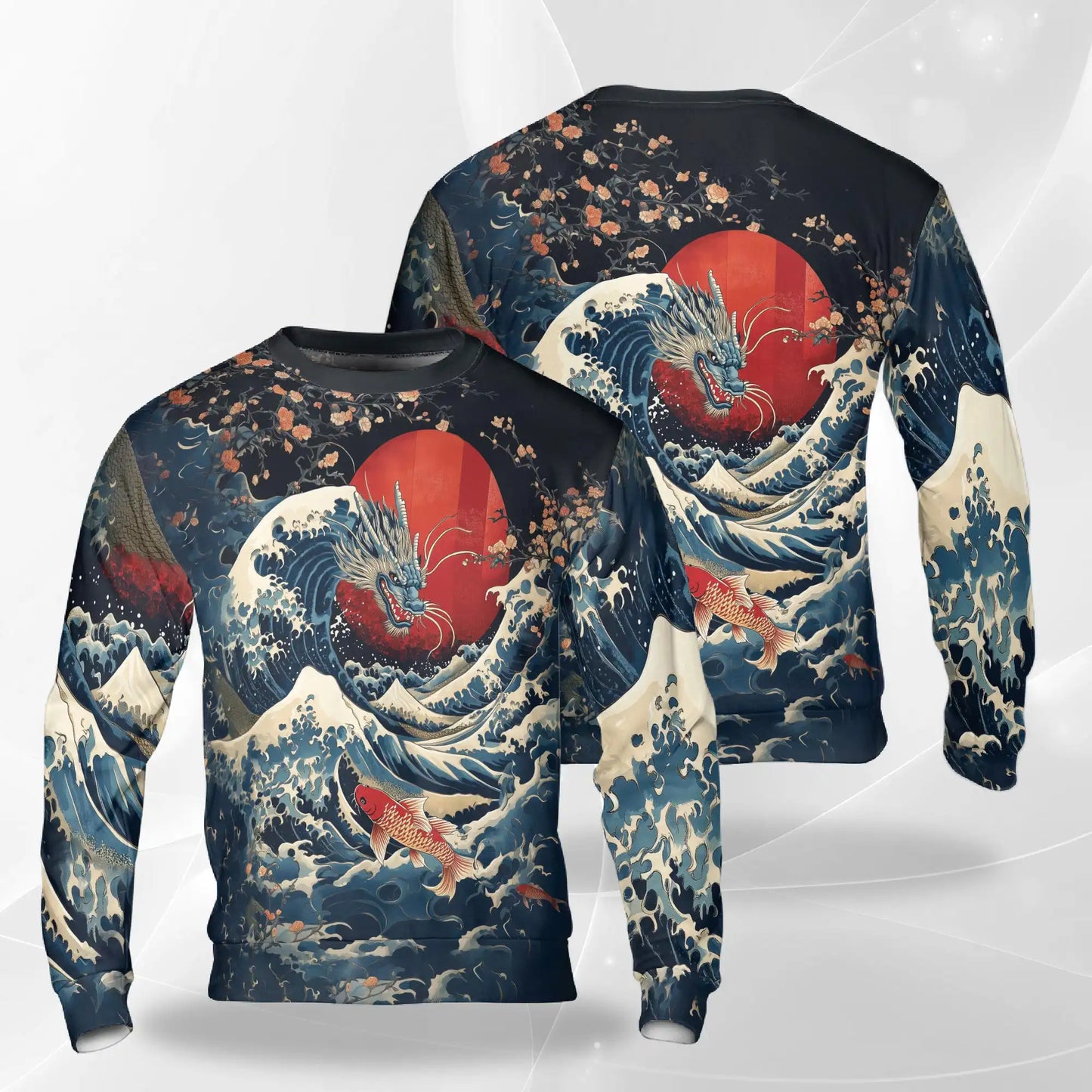 Japanese Dragon Koi Fish Sweatshirt, 3D All Over Print Japanese Art Crewneck Pullover for Men Women, Dragon and Koi Lover Gift - Netecom
