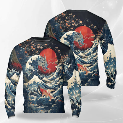 Japanese Dragon Koi Fish Sweatshirt, 3D All Over Print Japanese Art Crewneck Pullover for Men Women, Dragon and Koi Lover Gift - Netecom