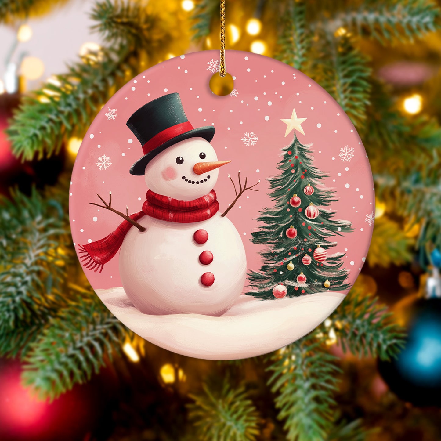 Netecom Elegant Pink Snowman in Snow Christmas Ornament, Ceramic Winter Scene Keepsake Ornament for Xmas Tree Decorations, Gifts for Holiday, Party, Home Decor