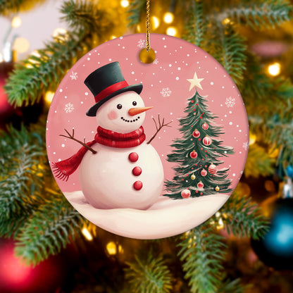 Netecom Elegant Pink Snowman in Snow Christmas Ornament, Ceramic Winter Scene Keepsake Ornament for Xmas Tree Decorations, Gifts for Holiday, Party, Home Decor
