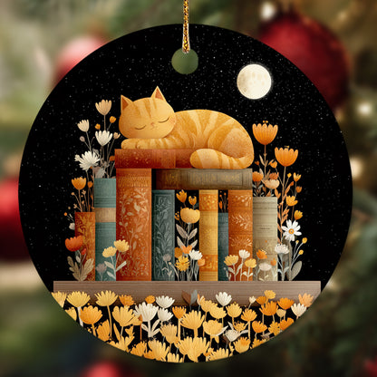 Netecom Cute Cat Sleeping on Books in Night Sky Ornament, Literary Cat Ceramic Ornament for Christmas Tree Hanging Decorations Gift, Book Lover Gifts for Librarian Teacher Bookworm