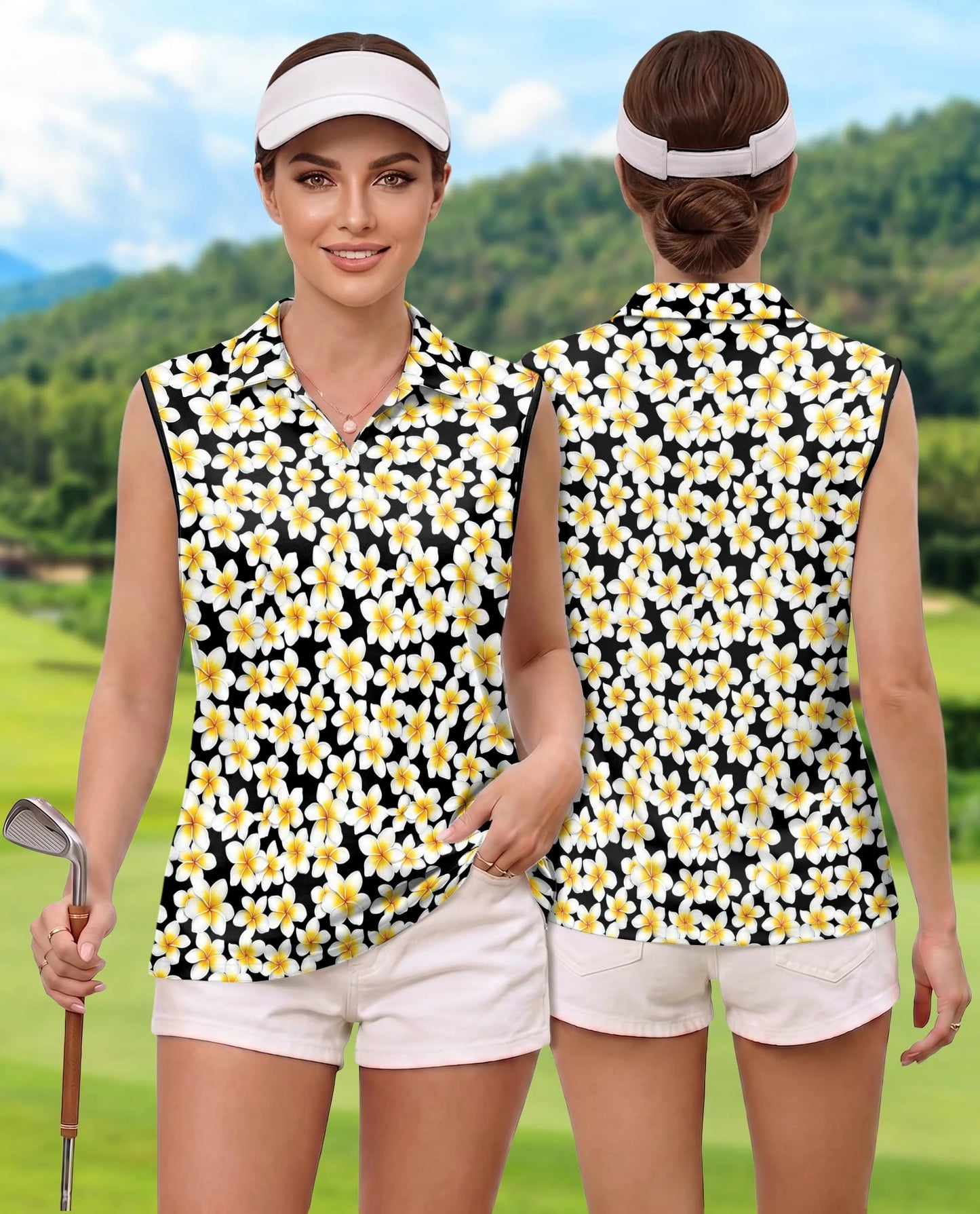 Yellow Plumeria Sleeveless Polo Shirt for Women | Netecom